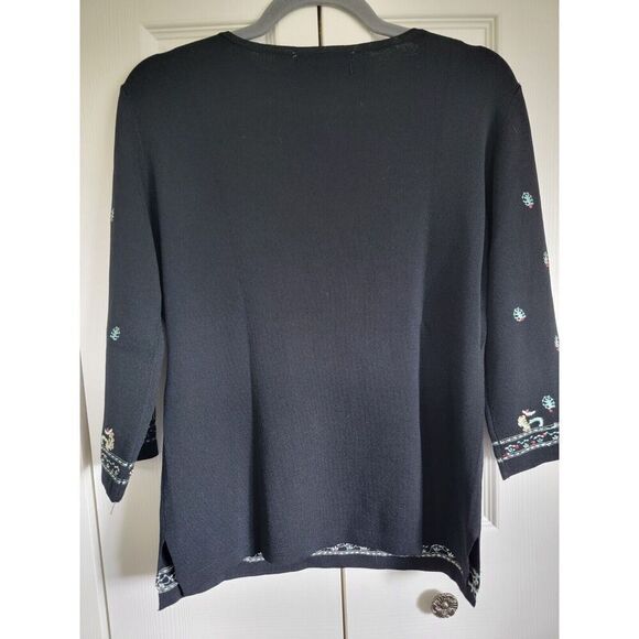 J.A.C. L Pullover Knit Black Beaded & Embroidered V-Neck‎ Stretch Side Slits - Picture 2 of 9